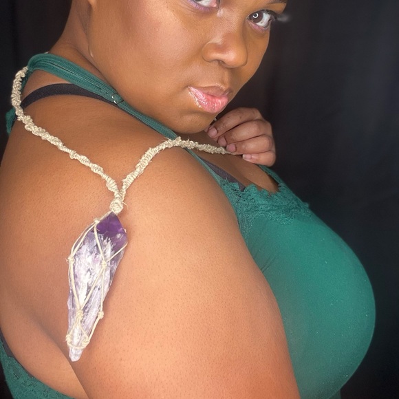 Unisex, handcrafted hemp cord necklace with approx. 2in amethyst crystal spear. - Picture 2 of 3